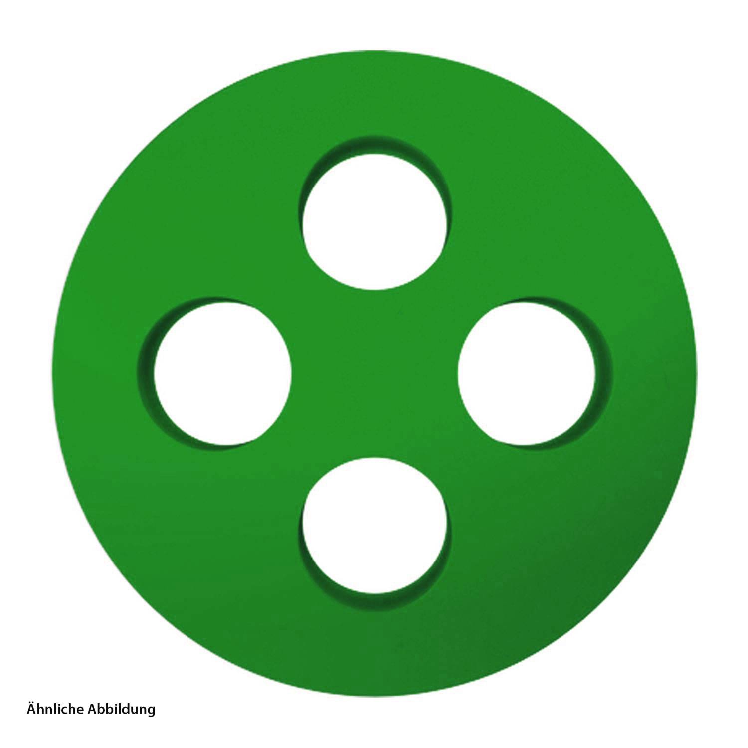 Eine grüne Scheibe mit vier gleichmäßig verteilten kreisförmigen Ausschnitten.