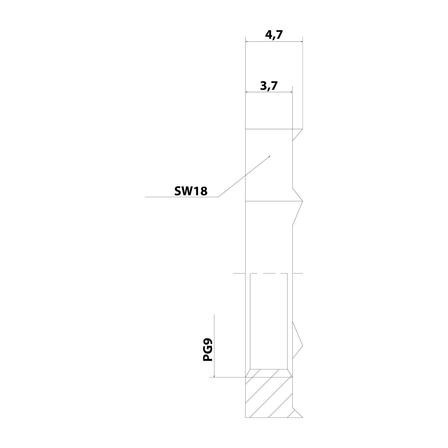 Technische Zeichnung einer Komponente mit markierten Abmessungen von 4,7, 3,7, SW18 und PG9, die verschiedene Längen und Durchmesser angeben.