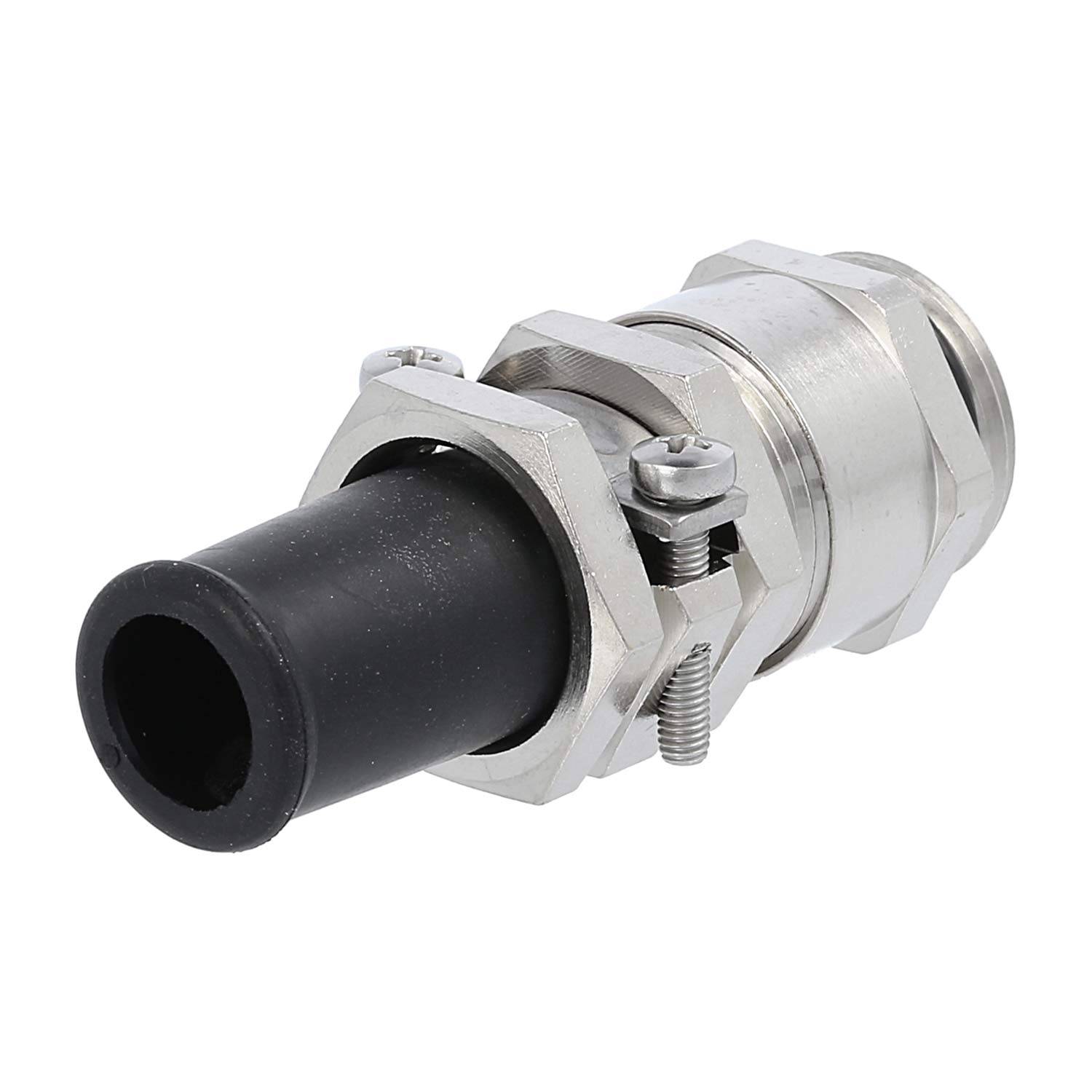 Ein Metallkabeleinführung mit schwarzer Gummidichtung, verwendet zum Befestigen und Schützen von Kabeln in elektrischen Schaltschränken.