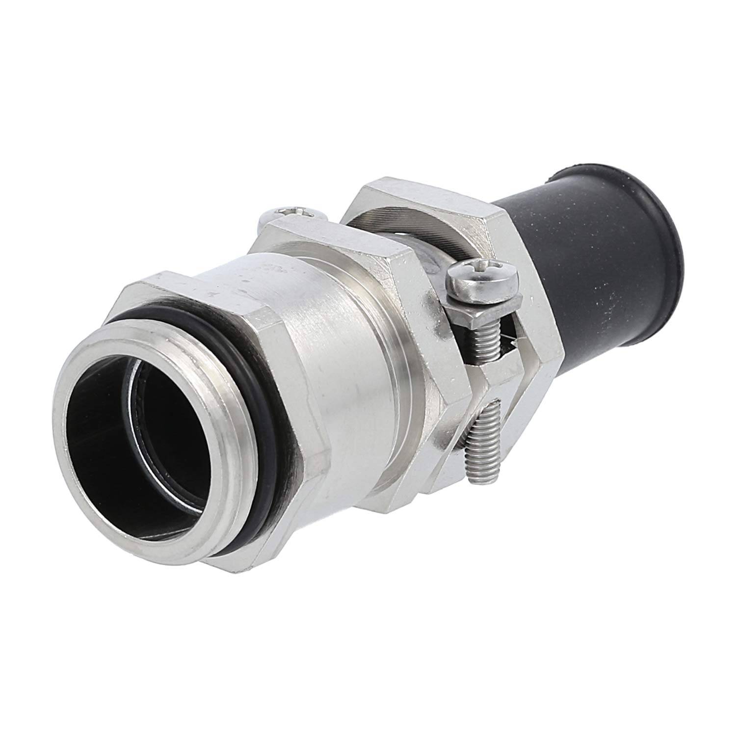 Männlicher Metallkonduit-Verbinder mit Gummidichtung und Schraubmechanismus, verwendet zum sicheren Verbinden von elektrischen Rohren.