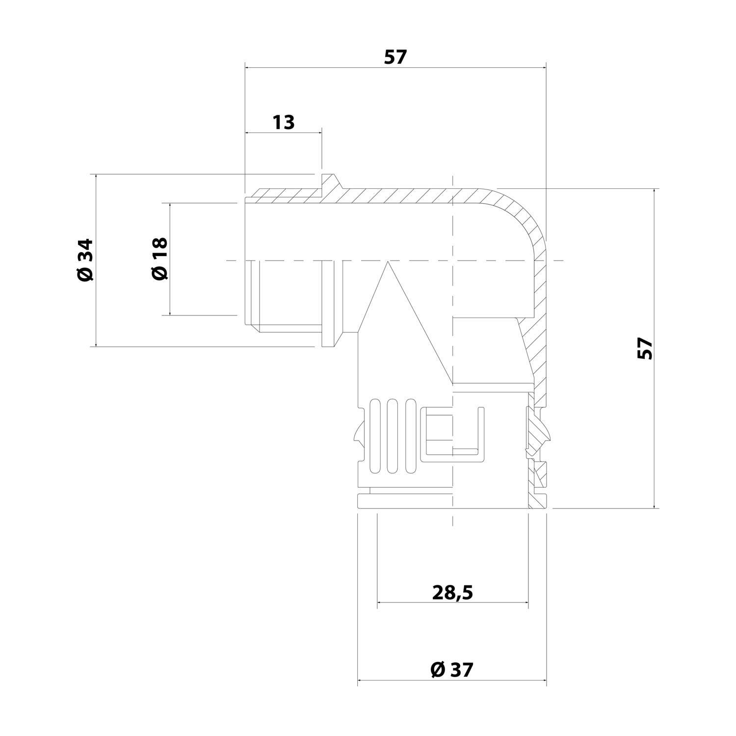 Technische Zeichnung eines Ellbogenrohrverbinders mit Abmessungen: 57x57 mm, Durchmesser 34 mm und 37 mm, sowie weiteren angegebenen Maßen.