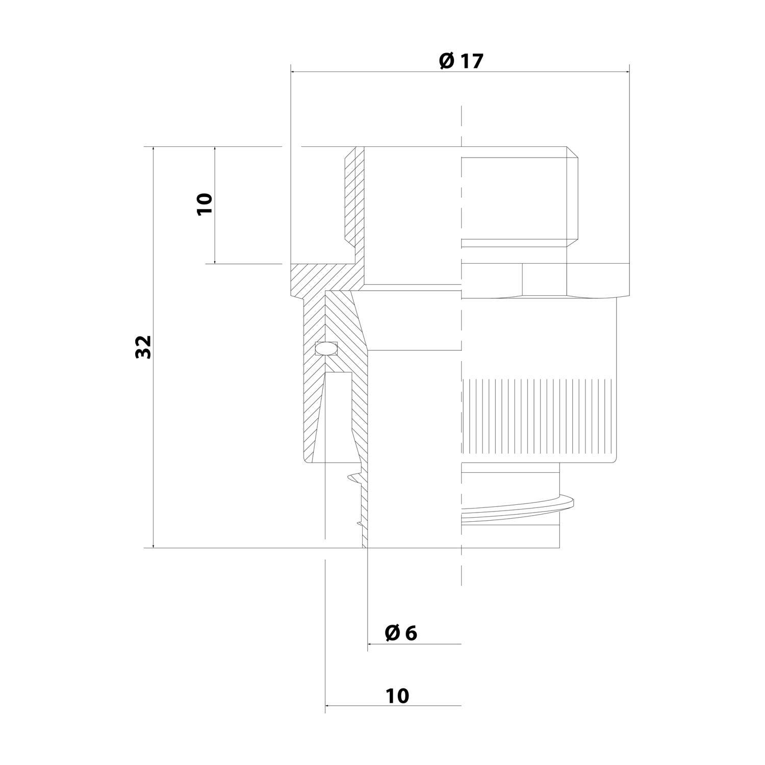 Technische Zeichnung eines Ventils, Seitenansicht. Die Maße umfassen vertikal 32, horizontal 17 und eine kleinere Komponente mit 6. Detaillierte Abmessungen sind vermerkt.