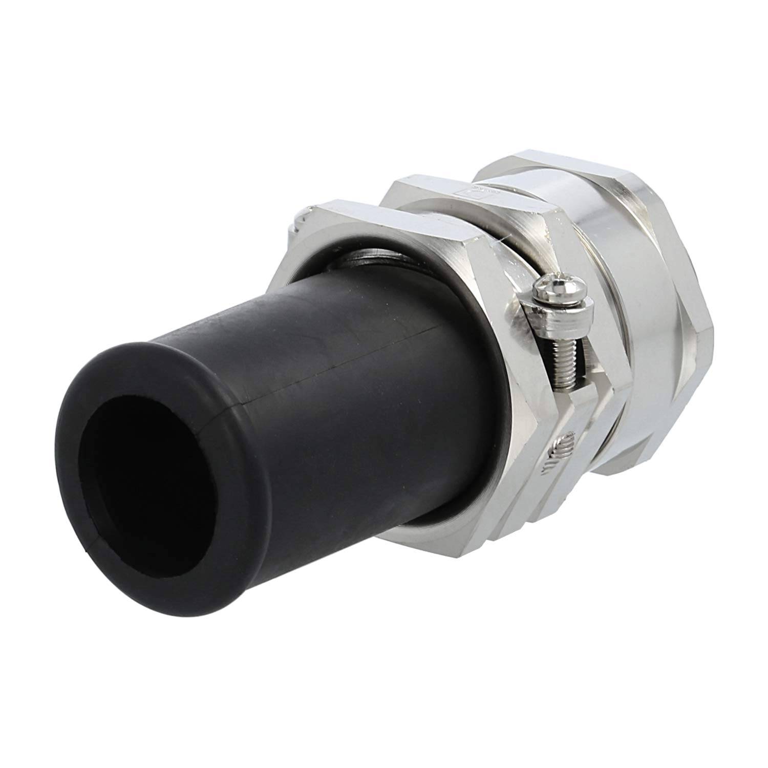 Ein Metallkabelschott mit schwarzer Gummidichtungseinsatz, konzipiert zum Befestigen von Kabeln durch Gehäuse und gewährleistet Wasser- und Staubdichtigkeit.