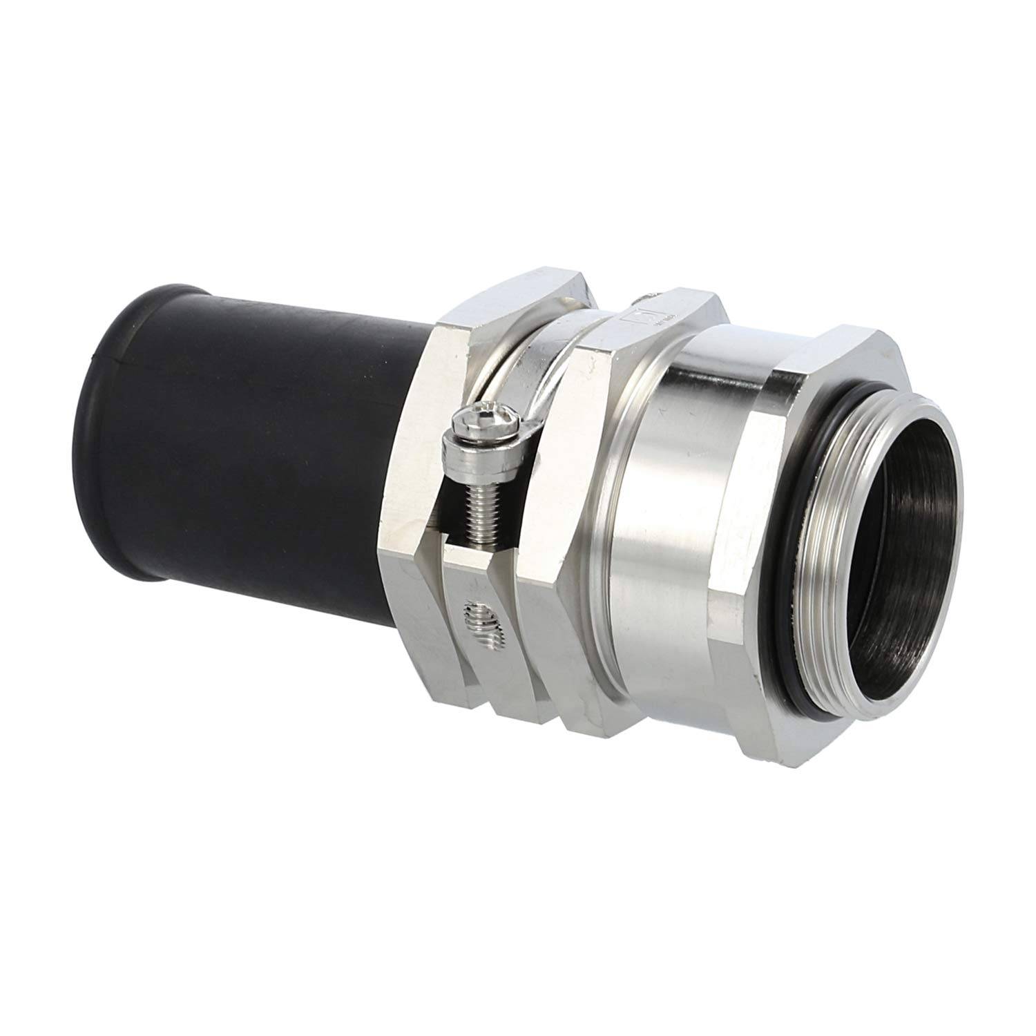 Metallisches Kabeleinführung mit silberner Oberfläche und schwarzem Gewindebereich, verwendet zum sicheren Verbinden und Abdichten von Kabeln in elektrischen Geräten.