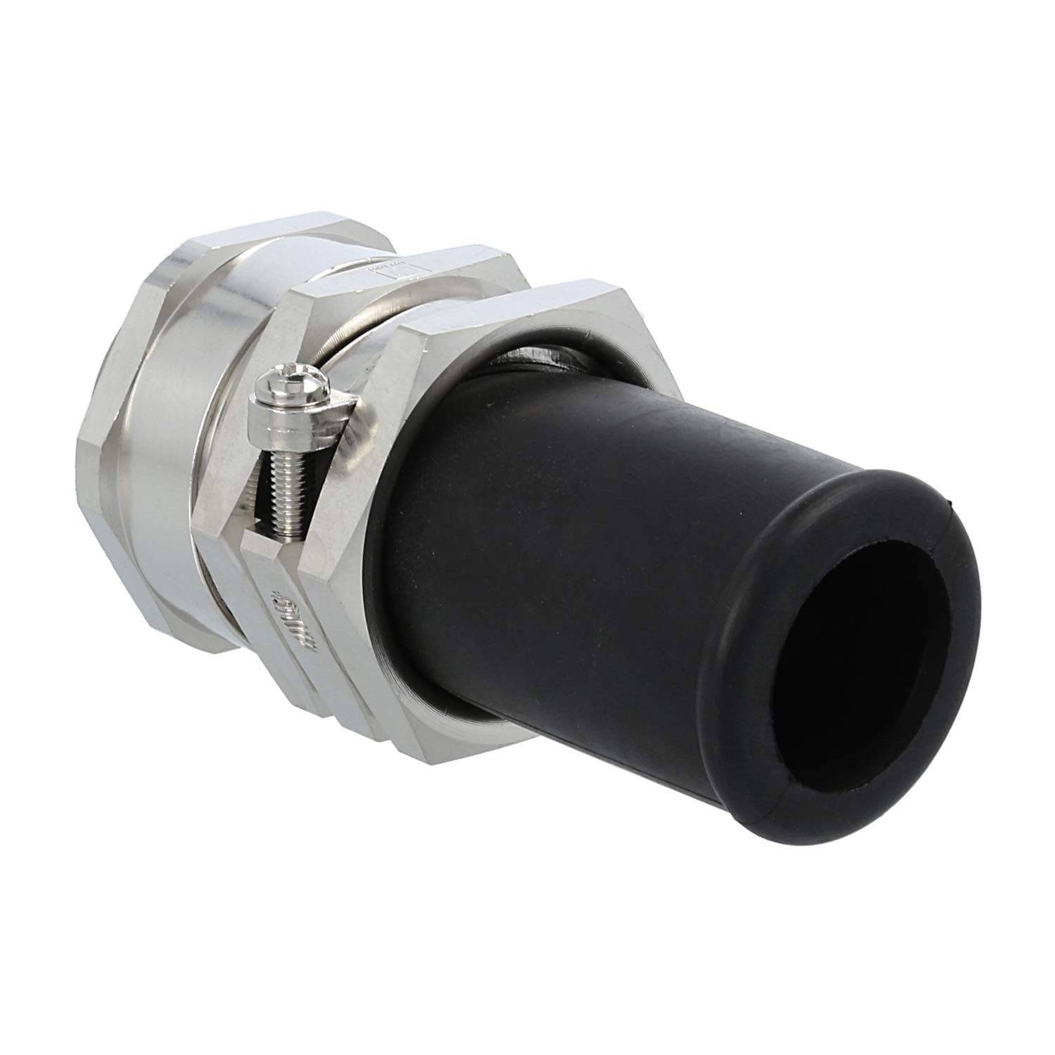 Eine metallische Industriekupplung mit einem angebrachten schwarzen Gummischlauch, durch Schrauben gesichert, die in Maschinen oder Flüssigkeitssystemen zur Verbindung verwendet wird.