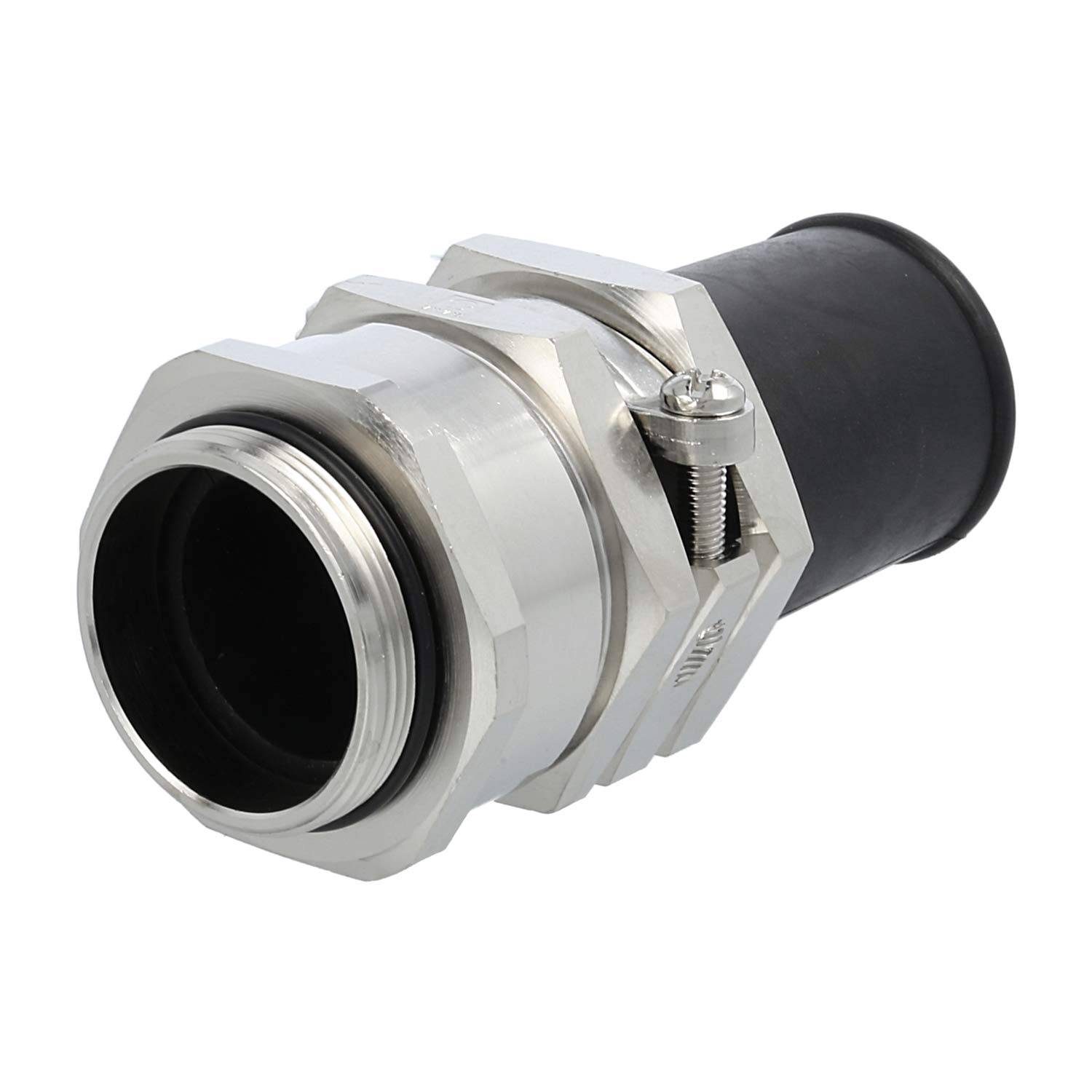 Metallischer Rohrverbinder mit angebrachtem schwarzem Gummischlauch, ausgestattet mit sechskantiger Mutter und Bolzenmechanismus für sichere Befestigung.