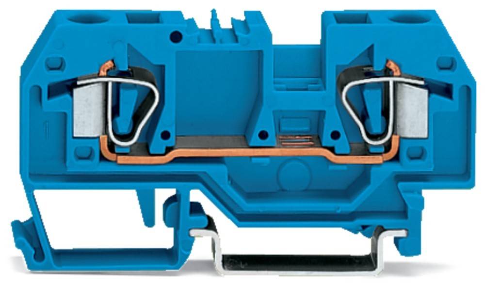 Eine Nahaufnahme eines blauen elektrischen Klemmblocks mit Kupferanschlüssen und Metallhaken, die seine interne Struktur und Komponenten zeigt.