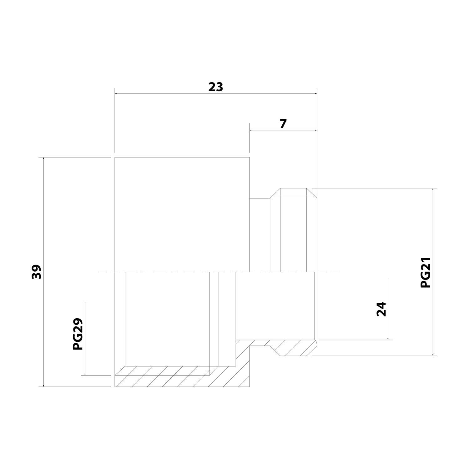 Technische Zeichnung einer zylindrischen Komponente mit beschrifteten Abmessungen: 23 Breite, 39 und 24 Höhensektionen; beschriftet mit PG29 und PG21.