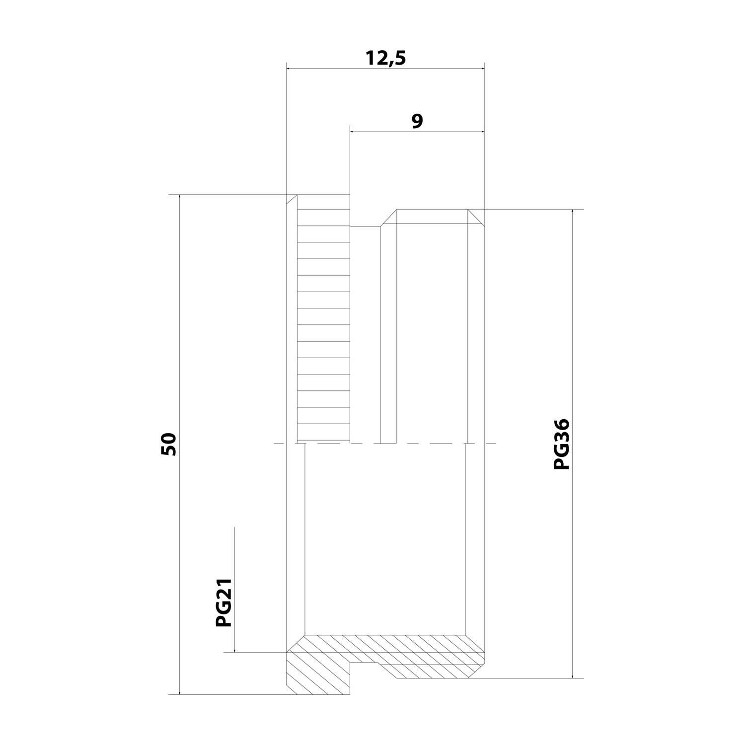 Technische Zeichnung mit einer Schnittansicht einer mechanischen Komponente, mit den Abmessungen 12,5, 9 und 50, gekennzeichnet mit PG21 und PG36.
