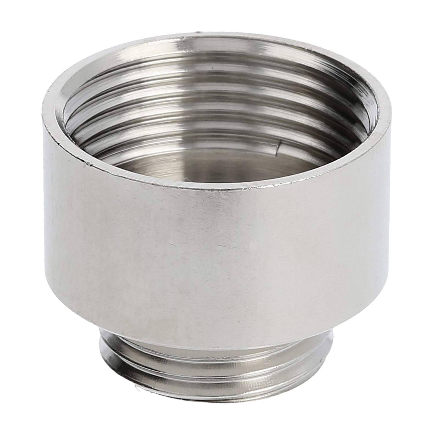 Ein metallischer zylindrischer Adapter mit Gewindeenden, wahrscheinlich verwendet zum Verbinden von Rohren oder Schläuchen in der Sanitär- oder Industrietechnik.