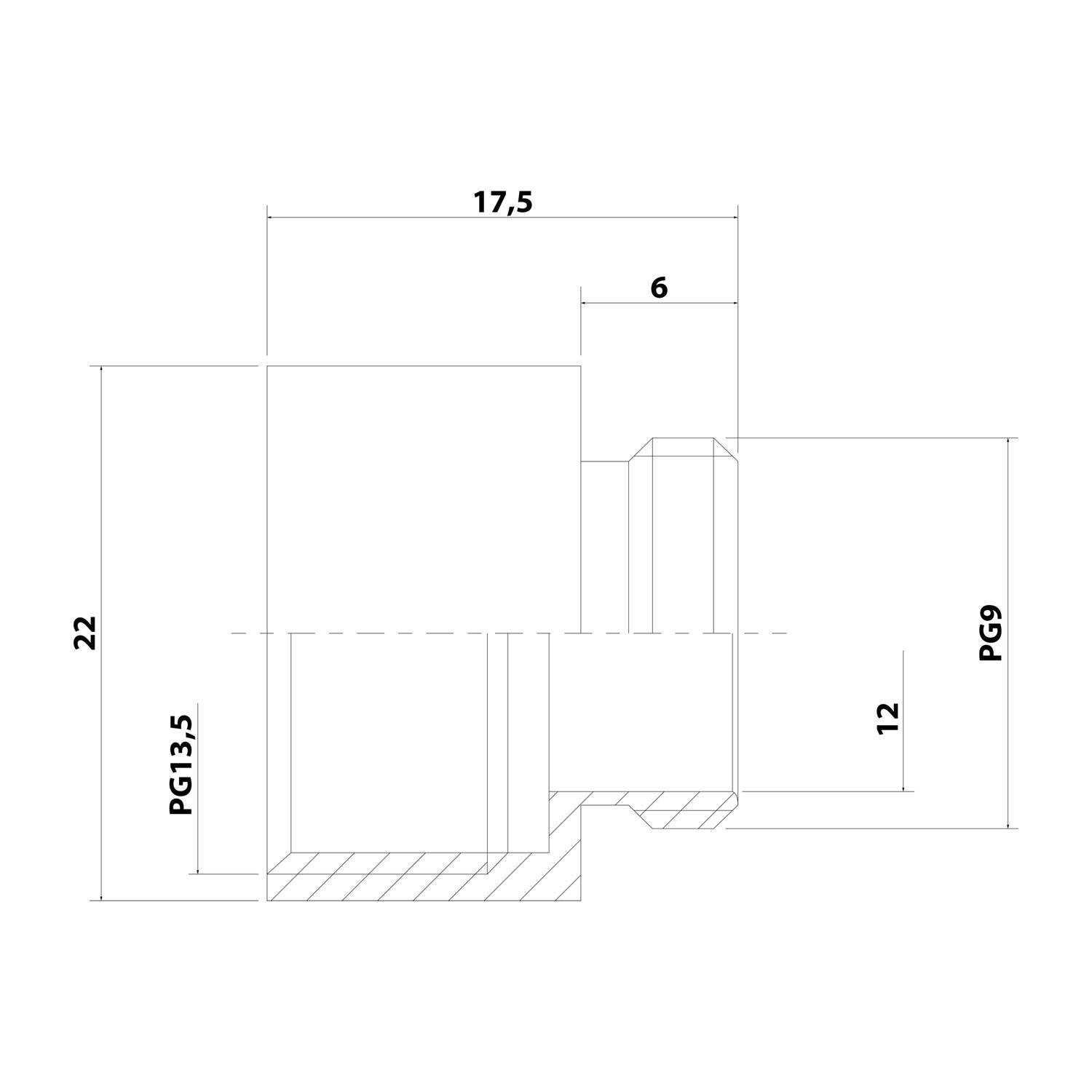 Technische Zeichnung eines mechanischen Bauteils mit Dimensionen: Höhe 22, Breite 17,5, Tiefe 12, und verschiedene Abschnitte gekennzeichnet mit PG13,5, PG9.