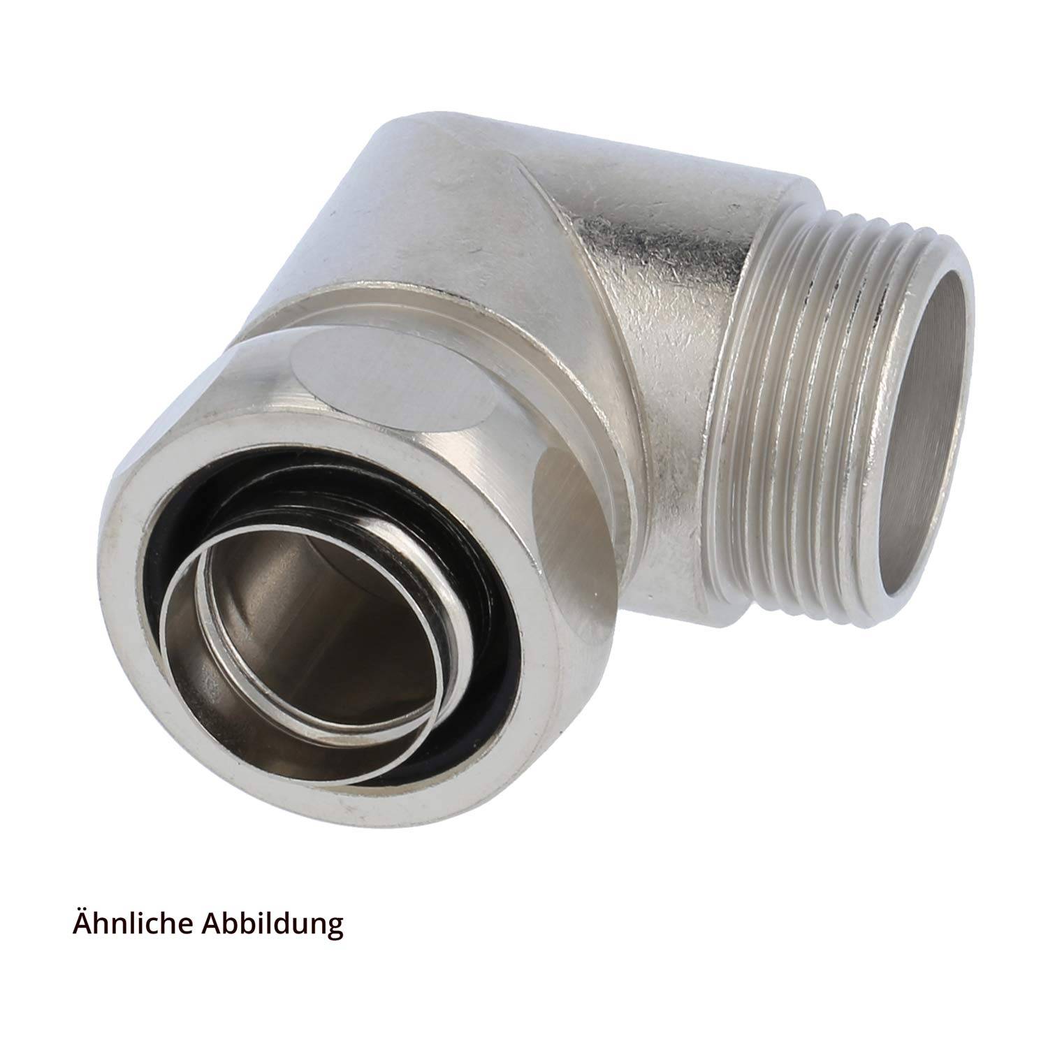 Ein Metallwinkelrohrfitting mit Gewinde an den Enden und einer Gummieinlage, die für Rohrleitungsverbindungen verwendet wird. Deutsche Überschrift „Ähnliche Abbildung