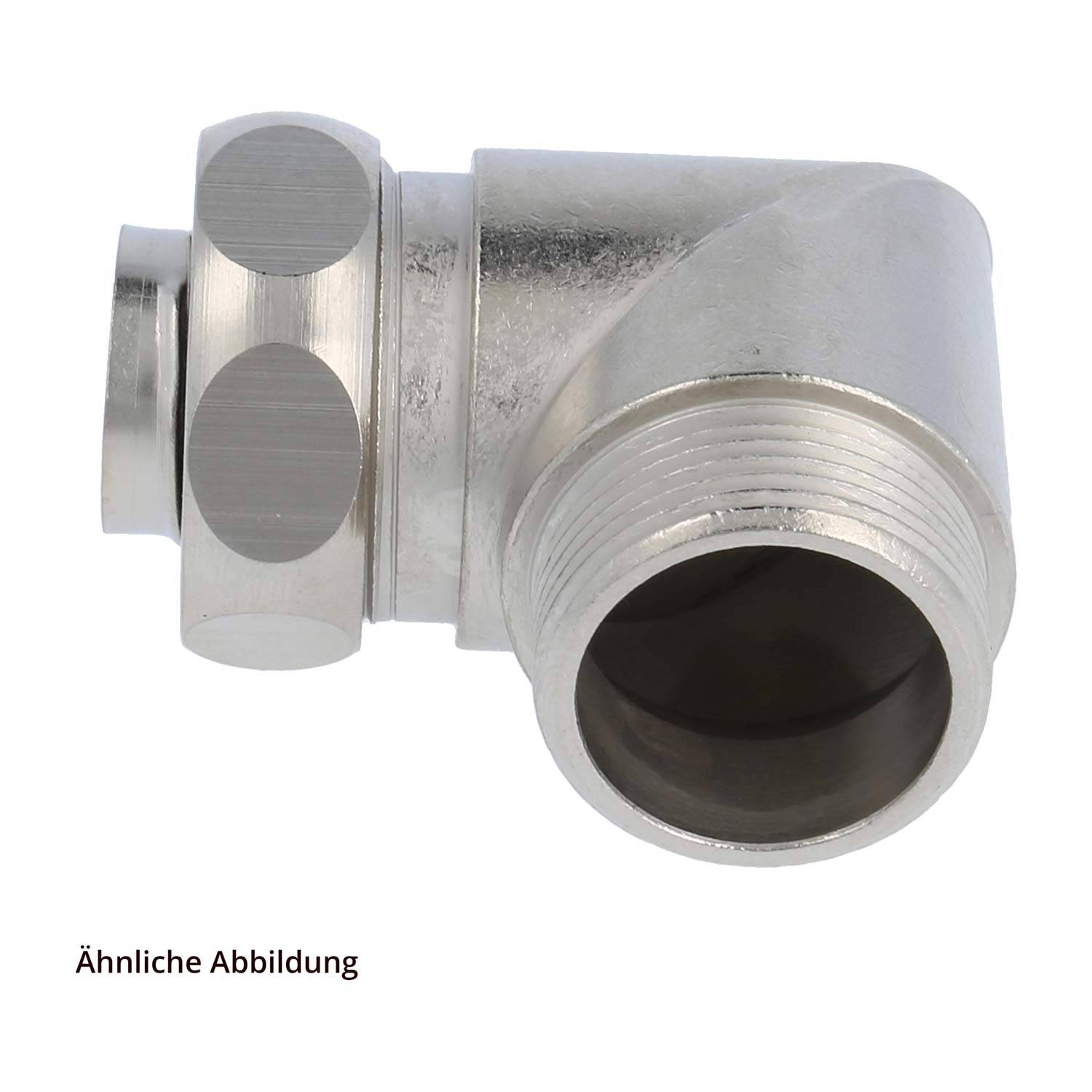 Eine Metallbogen-Rohrverschraubung mit Gewinde an den Enden, in Nahaufnahme dargestellt.