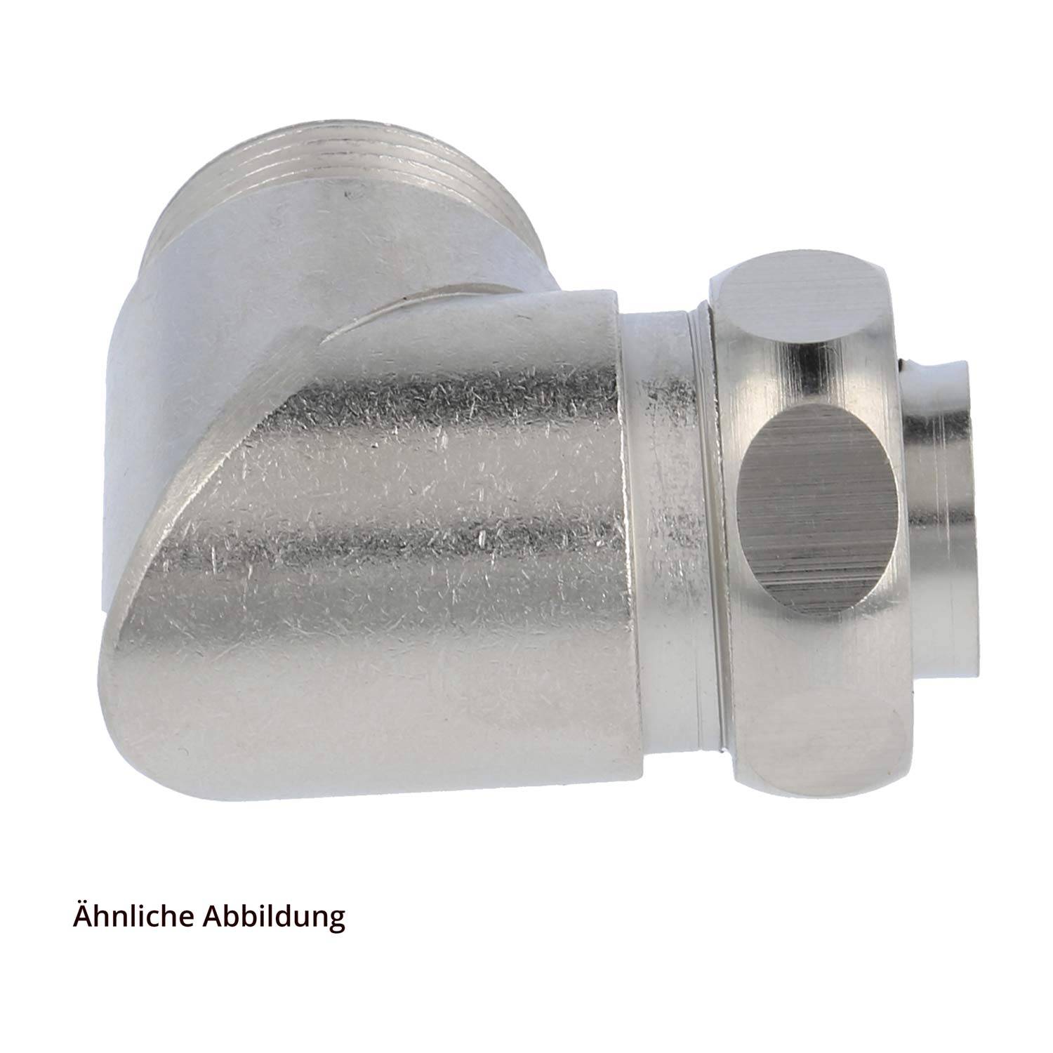 Silbernes Metallkrümmer-Rohrfitting mit Gewindeenden, Seitenansicht.