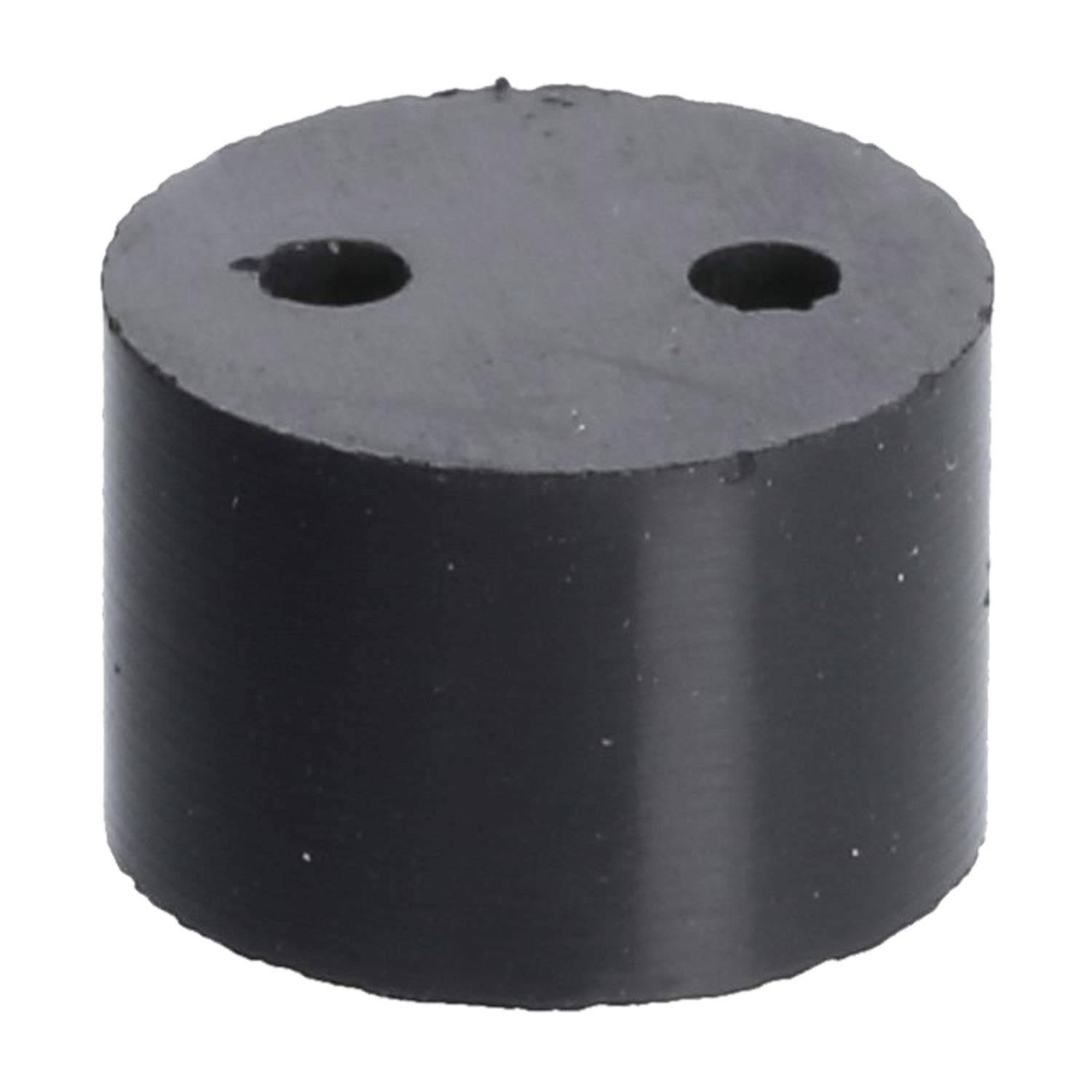 Ein zylindrischer schwarzer Gummipuffer mit zwei Bohrungen oben zum möglichen Montieren oder Befestigen.