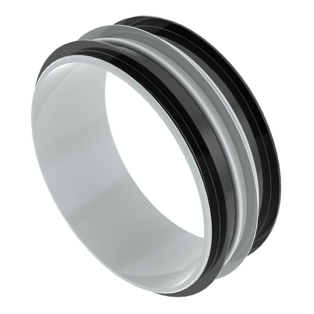 Schwarzes und graues kreisförmiges Gummi-Dichtungs- oder Dichtungsring auf weißem Hintergrund, in Nahaufnahme dargestellt.