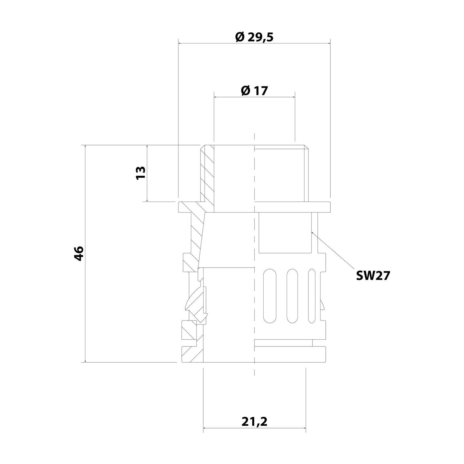 Technische Zeichnung einer zylindrischen Komponente mit Abmessungen: Gesamthöhe 46 mm, Breite 21,2 mm, oberer Durchmesser 29,5 mm und Innendurchmesser 17 mm.