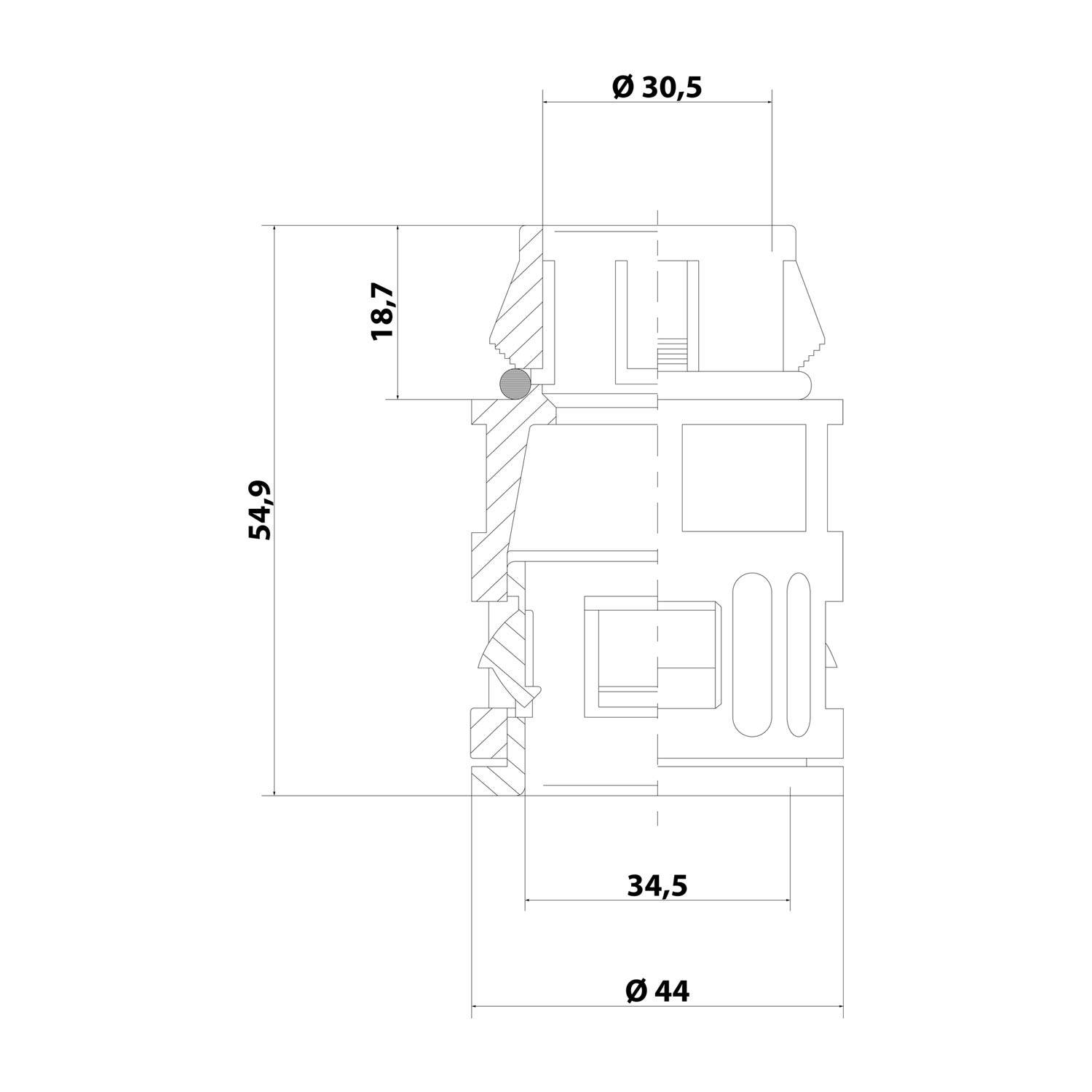 Technische Zeichnung einer zylindrischen Komponente mit beschrifteten Abmessungen: 54,9 Höhe, 44 und 30,5 Durchmesser sowie 18,7 Innenmaß.