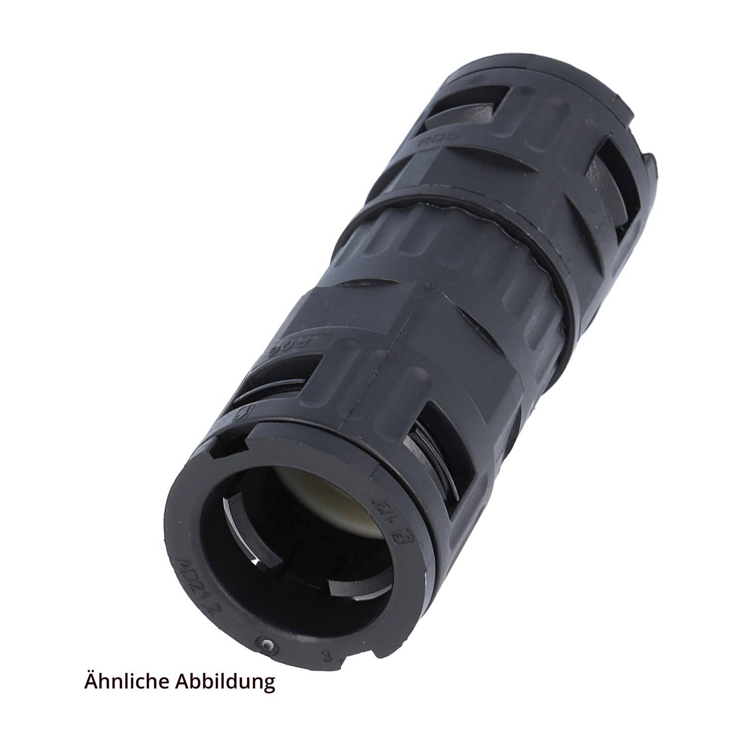 Ähnliche Abbildung' Text neben einem schwarzen zylindrischen mechanischen Teil mit verzahnten Nuten und Öffnungen, wahrscheinlich ein Steckverbinder oder Adapter.