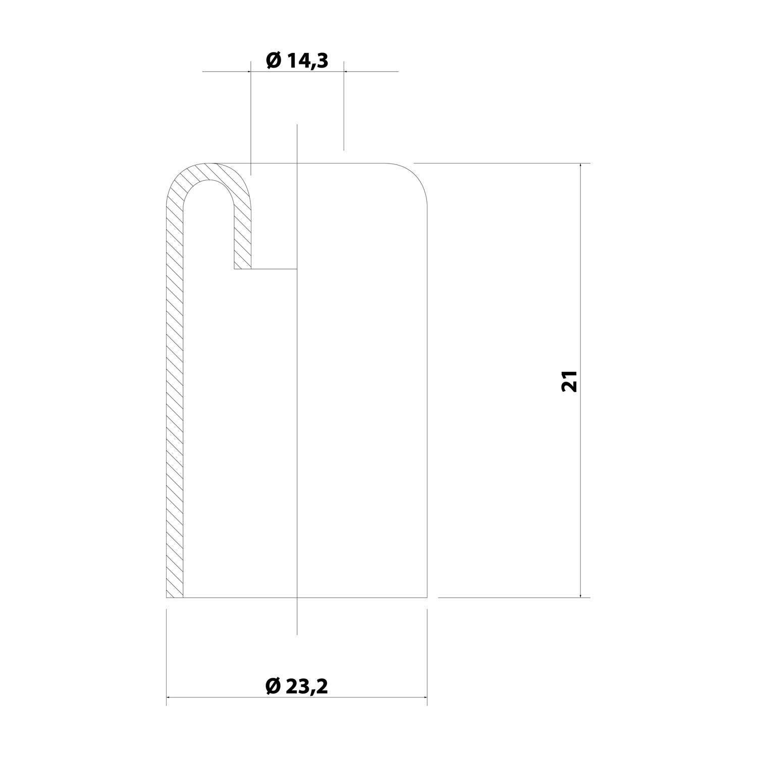 Technische Zeichnung eines zylindrischen Objekts mit einer Höhe von 21 Einheiten. Die obere Kreiskante hat einen Durchmesser von 14,3, während der untere Durchmesser 23,2 beträgt.