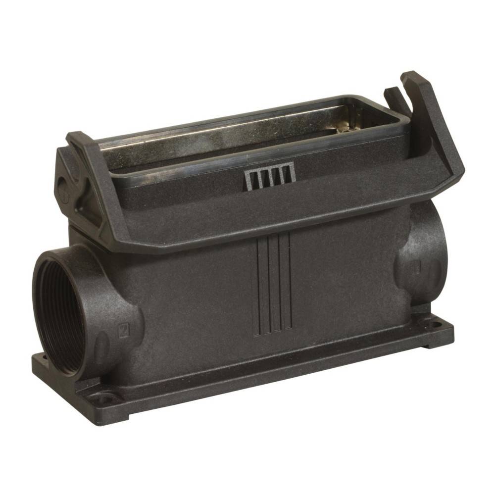 Rechteckiges schwarzes industrielles Anschlussgehäuse mit seitlichem Eingang für elektrische Anwendungen.