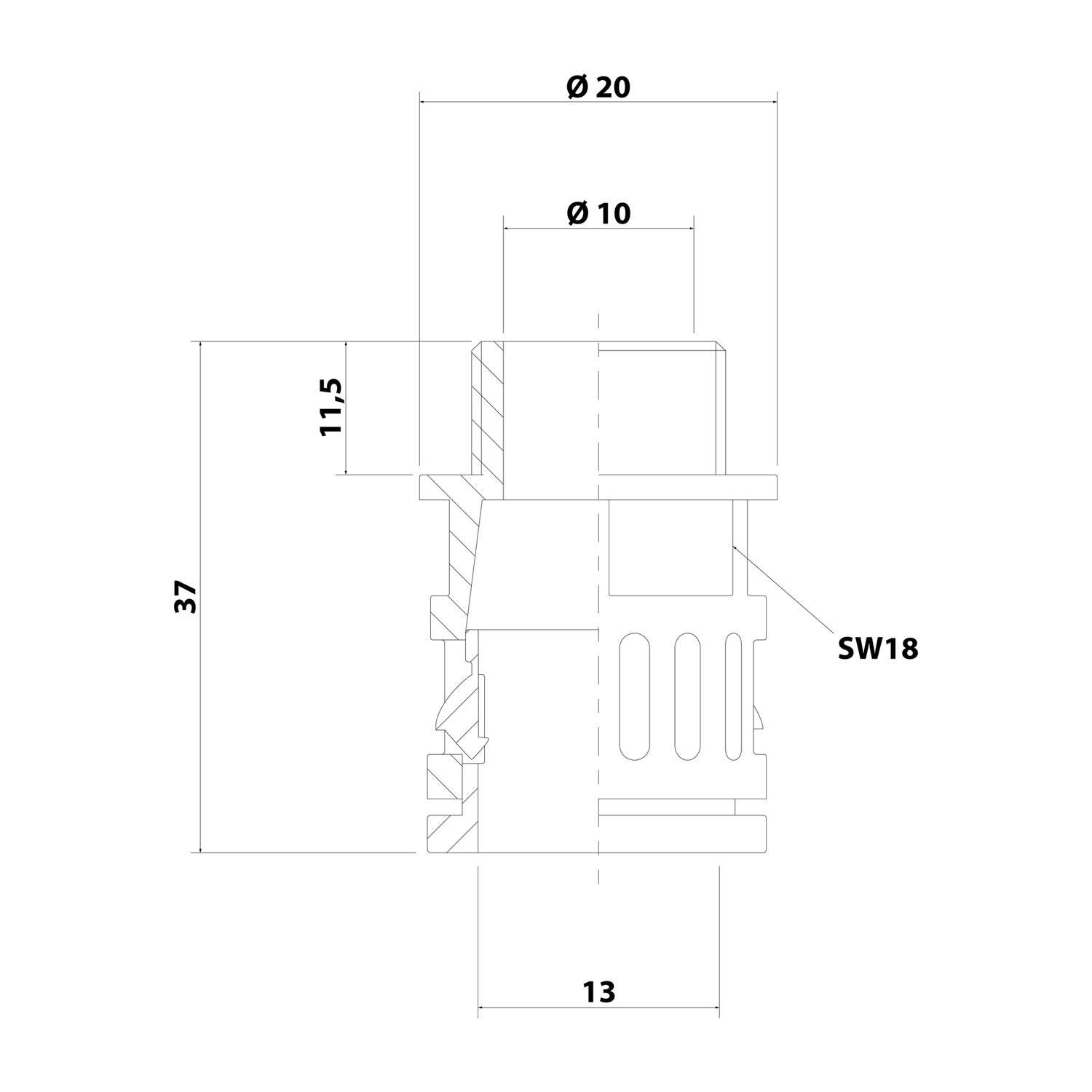 Eine technische Zeichnung einer zylindrischen Komponente mit folgenden Abmessungen: 37 mm Höhe, 13 mm Basisbreite, 20 mm Durchmesser an der Oberseite und 10 mm Innendurchmesser.