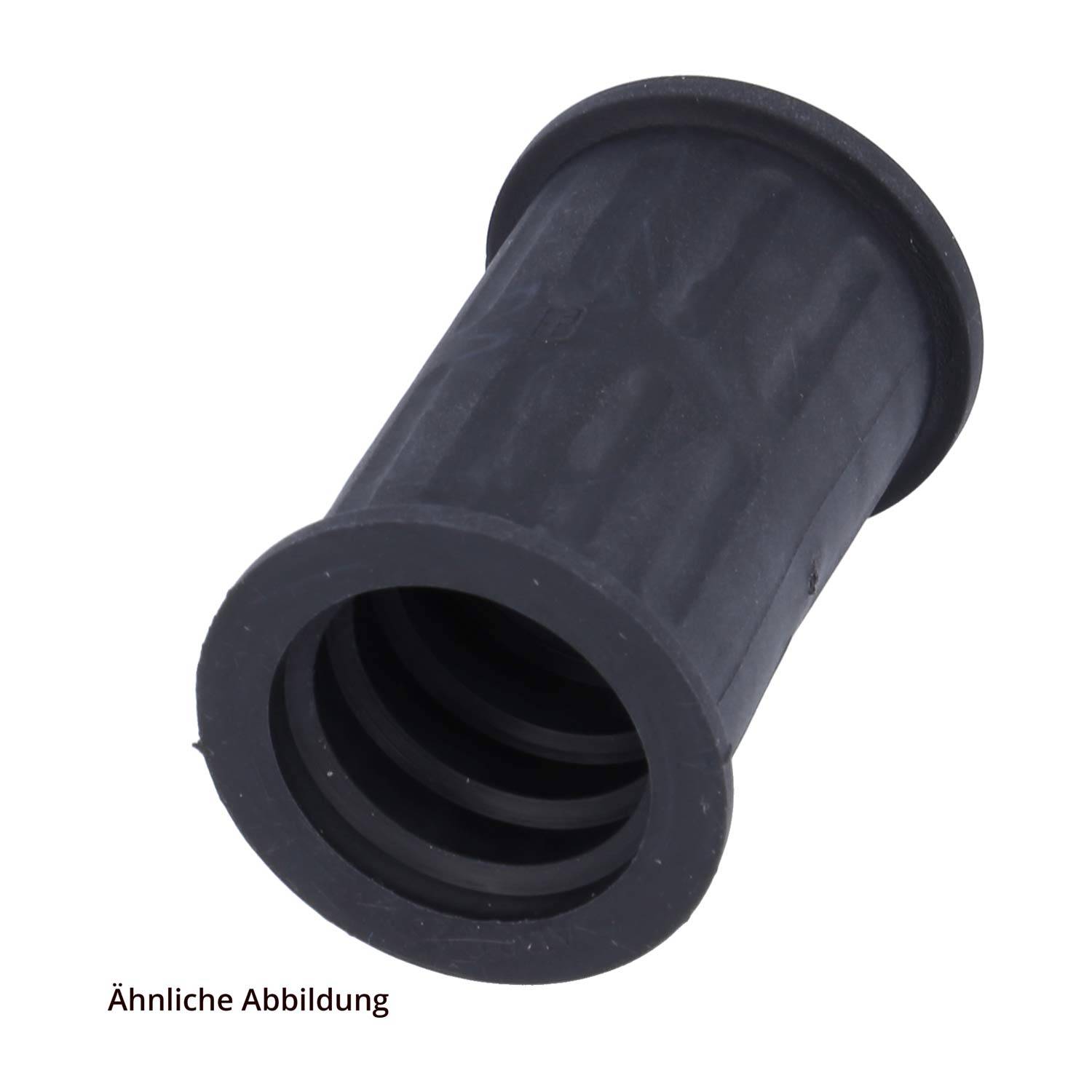 Eine schwarze zylindrische Gummiakappe mit gerippter Außenseite und offenem Ende, verwendet zum Abdichten oder Abdecken von Rohrendigungen.