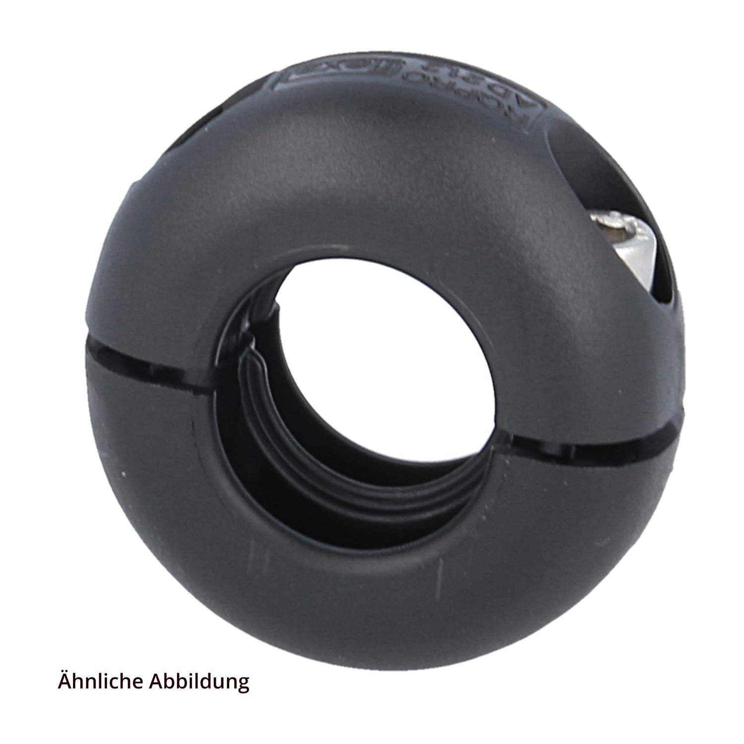 Eine schwarze, kreisförmige Kabelverschraubung, teilweise geöffnet, entwickelt zur Sicherung und zum Schutz von elektrischen Kabeln. Weißer Text an der Seite.