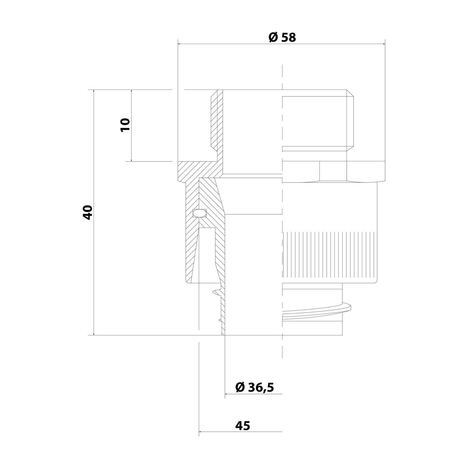 Technisches Diagramm mit Seitenansicht eines mechanischen Bauteils mit folgenden Abmessungen: Durchmesser 58, Gesamtlänge 45, Höhe 40, Innendurchmesser 36,5.