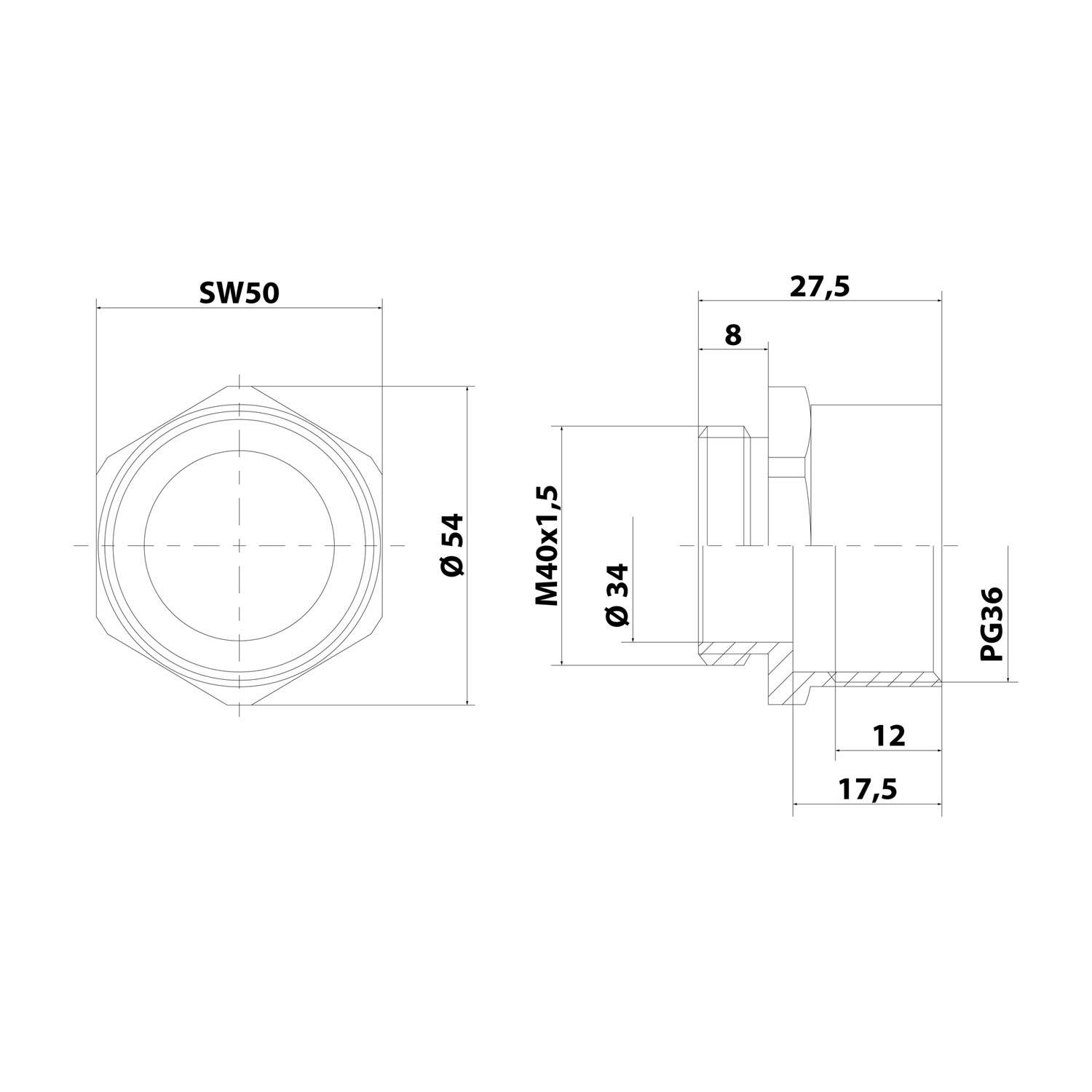 Technische Zeichnung einer zylindrischen Komponente mit Abmessungen, einschließlich eines Durchmessers von 54 mm, einer Gewindegröße von M40x1,5 und einer Tiefe von 17,5 mm.