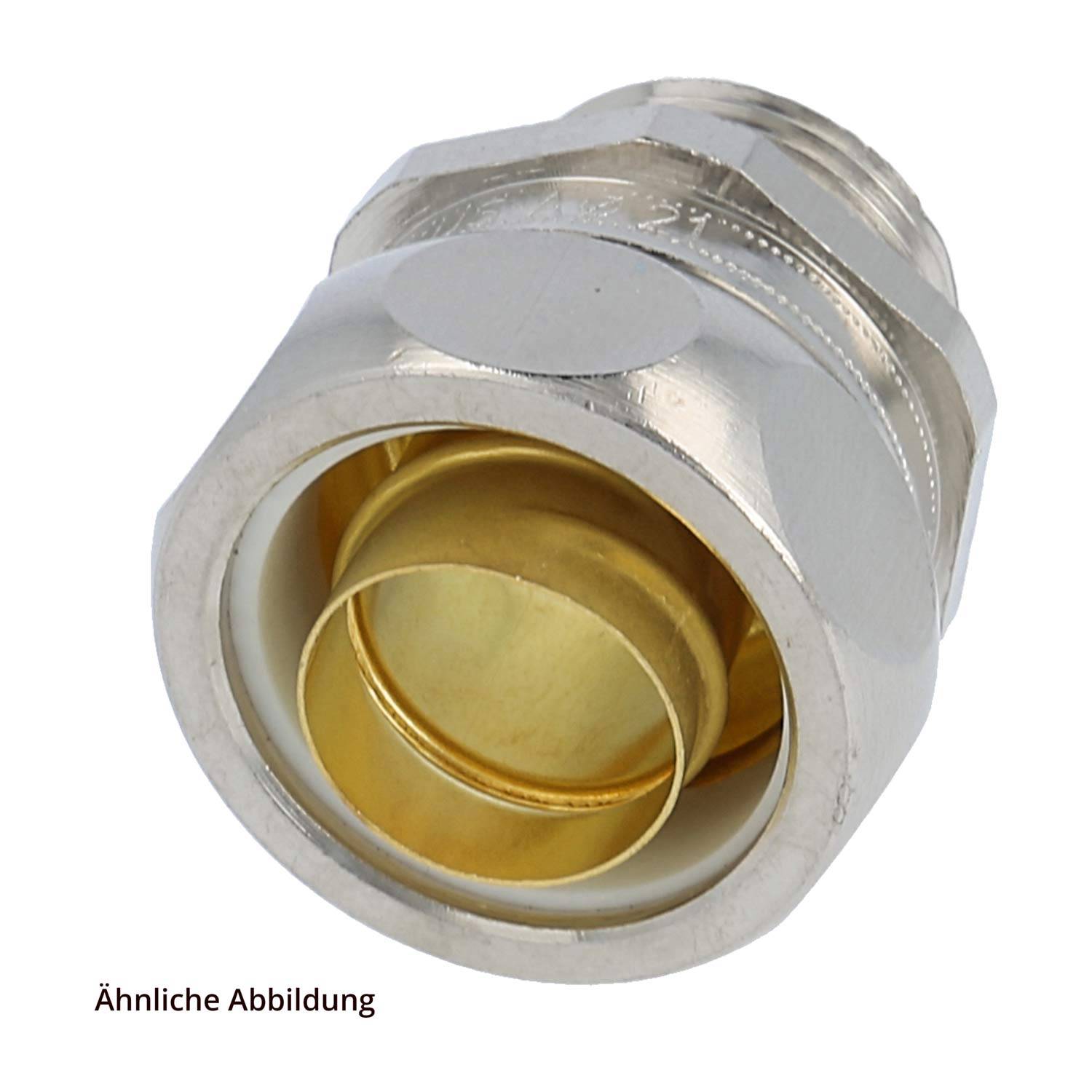 Ein Metallklempnerarmatur mit Gewindeende und Messinginneren, verwendet für Rohrverbindungen. Mit der Bezeichnung „Ähnliche Abbildung