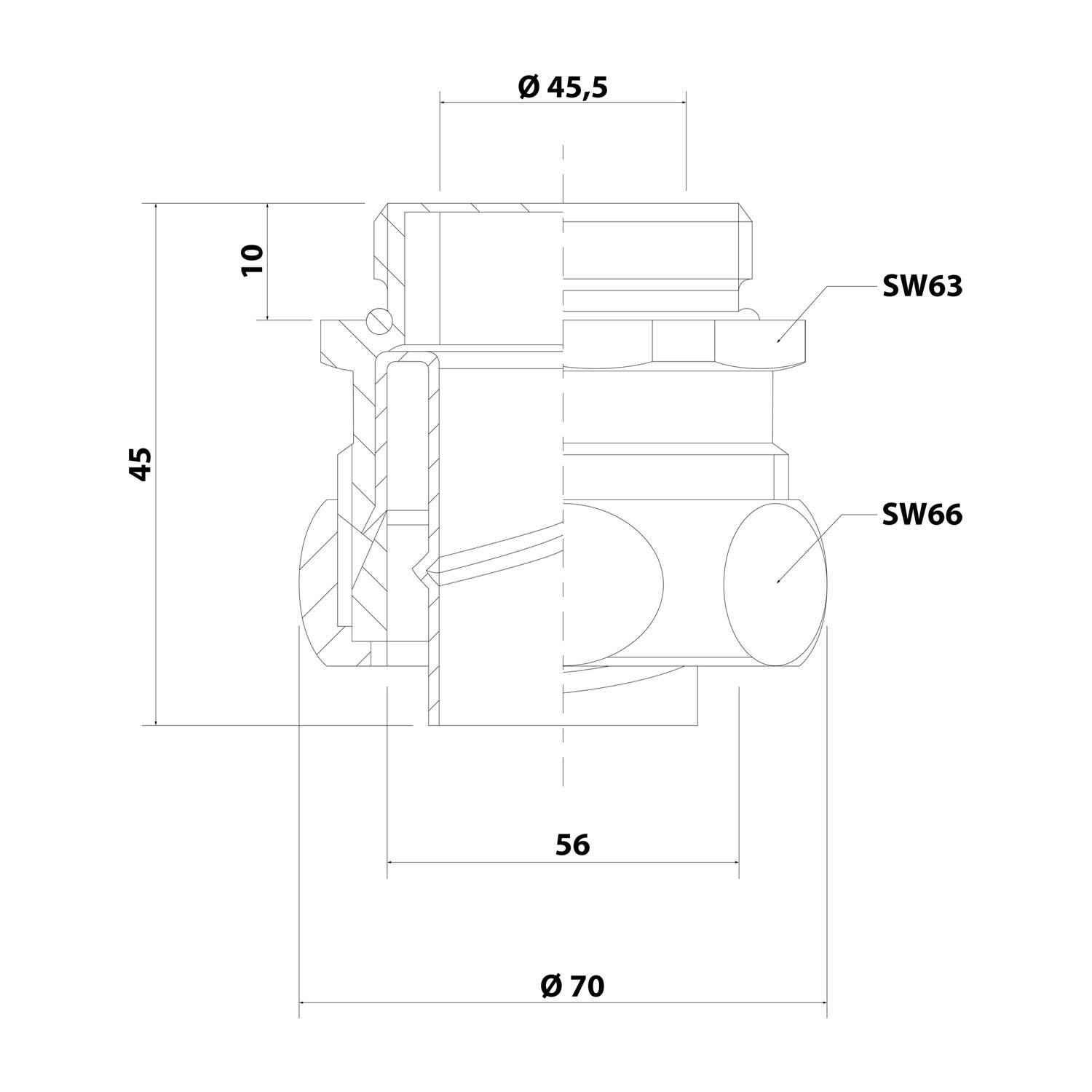 Technische Zeichnung einer mechanischen Komponente mit Abmessungen: Durchmesser 45,5 mm, Höhe 45 mm, mit SW63 und SW66 Messungen.