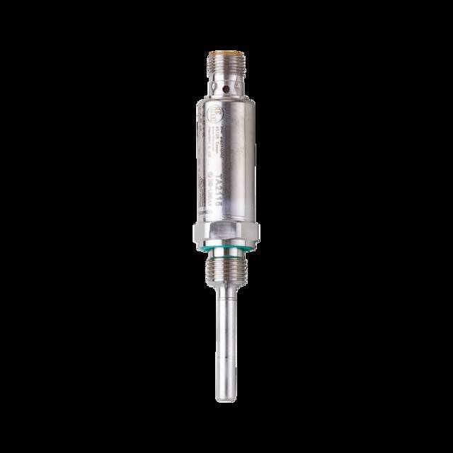 Ein Metallsensor mit Gewindeanschlüssen, der typischerweise zur Temperaturmessung in industriellen Anwendungen verwendet wird, auf einem schwarzen Hintergrund.