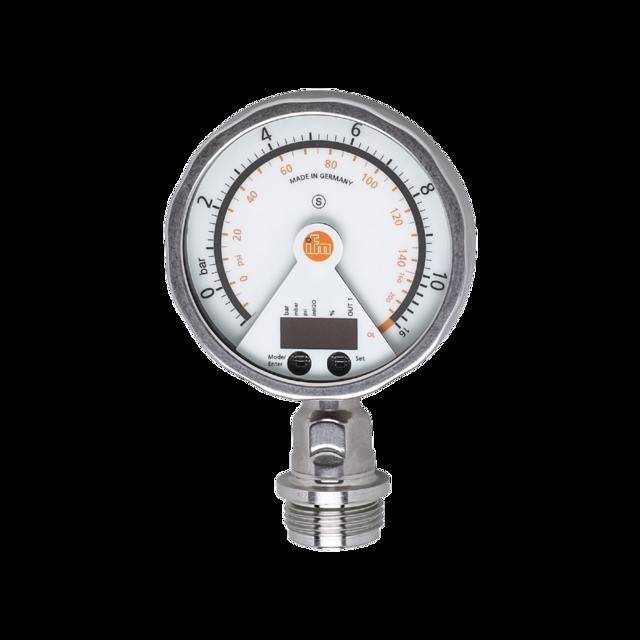 Ein Druckmessgerät mit digitaler Anzeige und analoger Skala, gekennzeichnet mit 'Bar' und 'PSI', misst mechanischen Druck. Hergestellt in Deutschland.