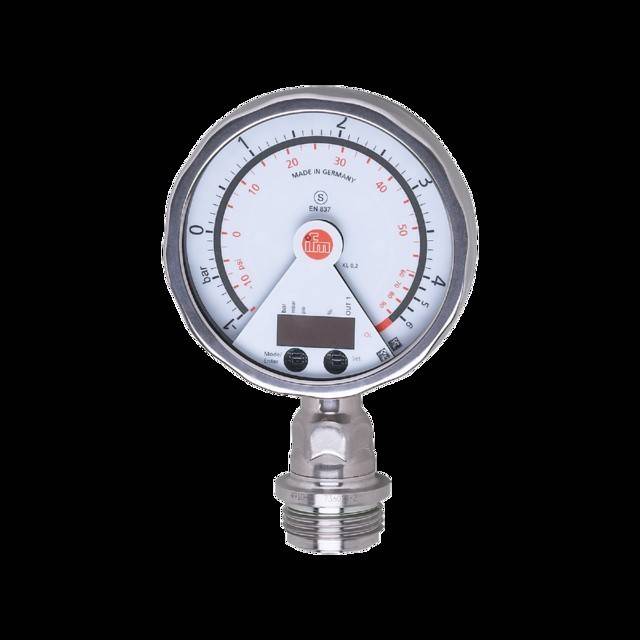 Ein rundes, analoges Manometer mit roten und schwarzen Markierungen, das Messungen in Bar und PSI anzeigt. Silbernes Gehäuse, weißer Hintergrund.