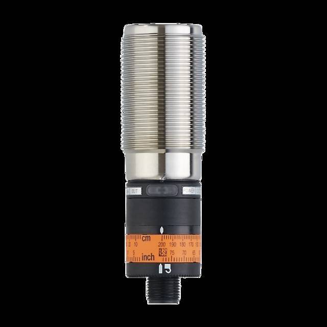 Ein industrieller Näherungssensor mit Messskala, die 'cm' und 'inch' anzeigt. Entwickelt für die Objekterkennung in kurzen Distanzen.