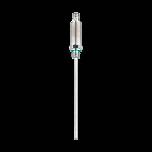 Ein metallischer industrieller Sensor mit einer langen zylindrischen Sonde und einem verschraubten Oberteil, verwendet zur Messung von Druck oder Temperatur, vor einem schwarzen Hintergrund.