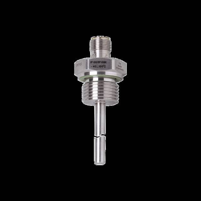Ein industrieller Metalltemperatursensor mit Gewindeanschluss und Messfühler, mit den Markierungen 'IP68/IP69K' und dem Messbereich '40-150°C'.