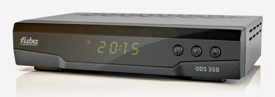 Schwarze Fuba ODS 350 Set-Top-Box mit grüner digitaler Zeitanzeige „20:15