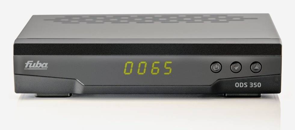 Schwarze digitale Set-Top-Box mit grünem Display, das '0065' anzeigt, und Modellbezeichnung 'ODS 350' auf der Vorderseite.