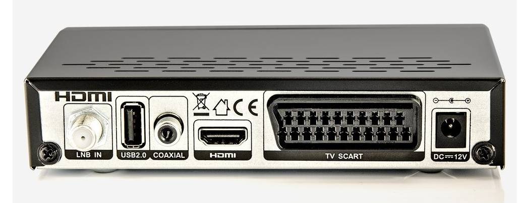 Rückansicht einer Set-Top-Box mit gekennzeichneten Anschlüssen: LNB-EINGANG, USB2.0, KOAXIAL, HDMI, TV-SCART und DC 12V.