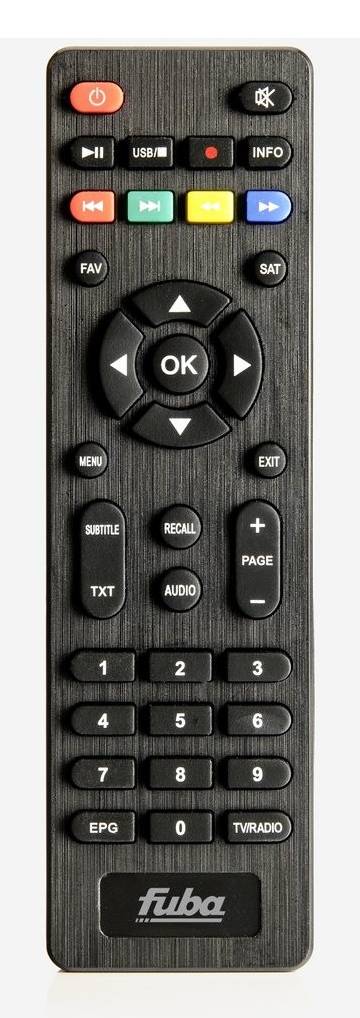 Schwarze Fuba TV-Fernbedienung mit Ein-/Ausschalter, Mediatasten, Richtungstasten mit OK-Schaltfläche, Zahlentasten und beschrifteten Funktionstasten wie USB, INFO, MENÜ und BEENDEN.