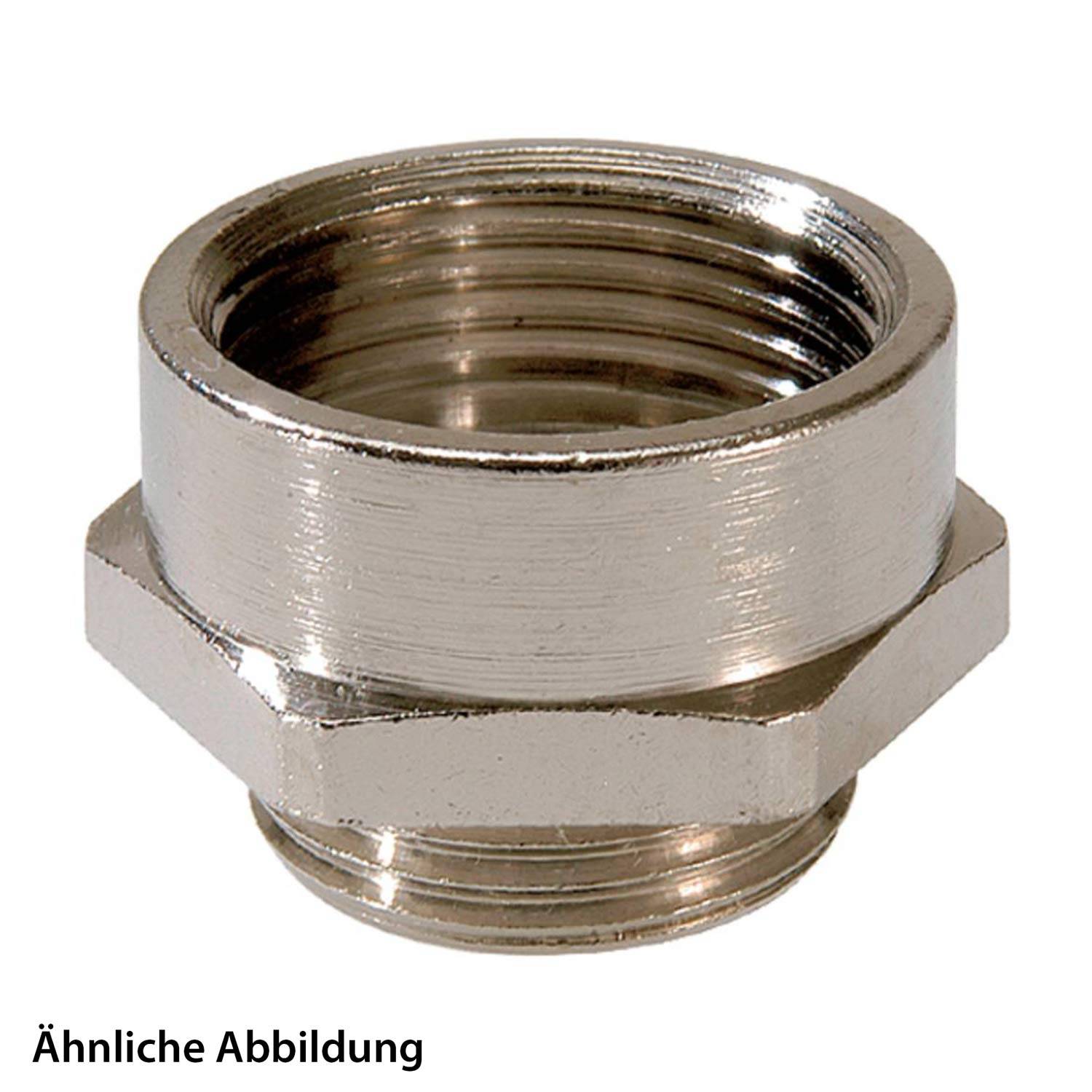 Ein metallischer sechseckiger Gewindeverbinder, möglicherweise für die Sanitärtechnik verwendet, aufrecht stehend. Der Text unten liest sich 