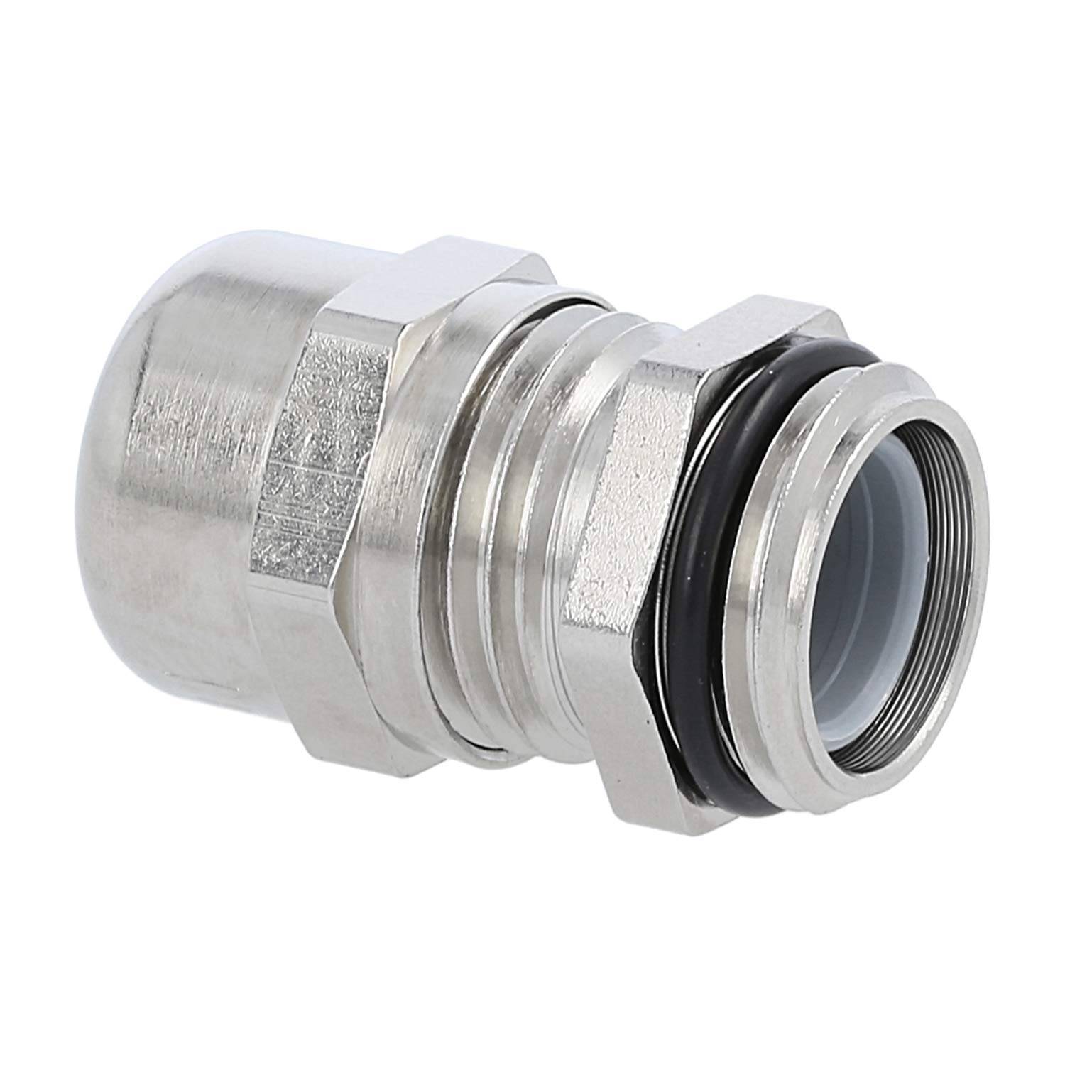 Metallisches Kabelgewinde mit Silberfinish, mit Gewindekörper und schwarzem Dichtrung, zum Befestigen von Kabeln in elektrischen Gehäusen.