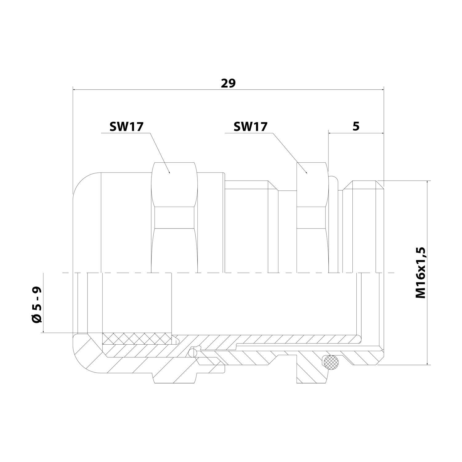 Technische Zeichnung eines mechanischen Bauteils mit Abmessungen: Länge 29, Breite 5, Gewinde M16x1,5 und Durchmesser Ø5-9.