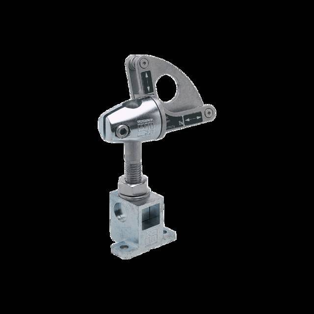 Eine metallische mechanische Komponente mit einem Gewindebolzen und einem verstellbaren Arm, die zur präzisen Positionierung oder Ausrichtung in Maschinen verwendet wird.