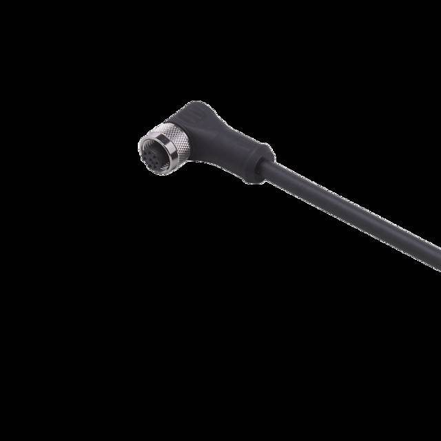 Ein schwarzer Winkelverbinder mit einer verschraubten Metallkupplung, der für elektronische oder industrielle Anwendungen verwendet wird, vor einem einfarbigen Hintergrund dargestellt.