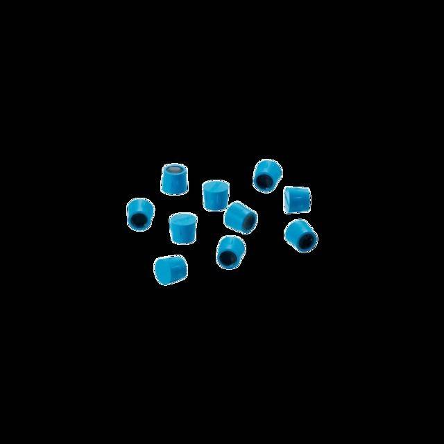 Zehn kleine, blaue, zylindrische Objekte sind auf einem schwarzen Hintergrund verstreut.