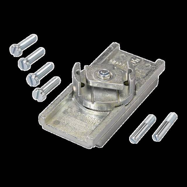 Metallische Türklinke mit einem Drehvorrichtungsmechanismus in der Mitte, umgeben von vier Schrauben auf der linken und zwei Schrauben auf der rechten Seite.