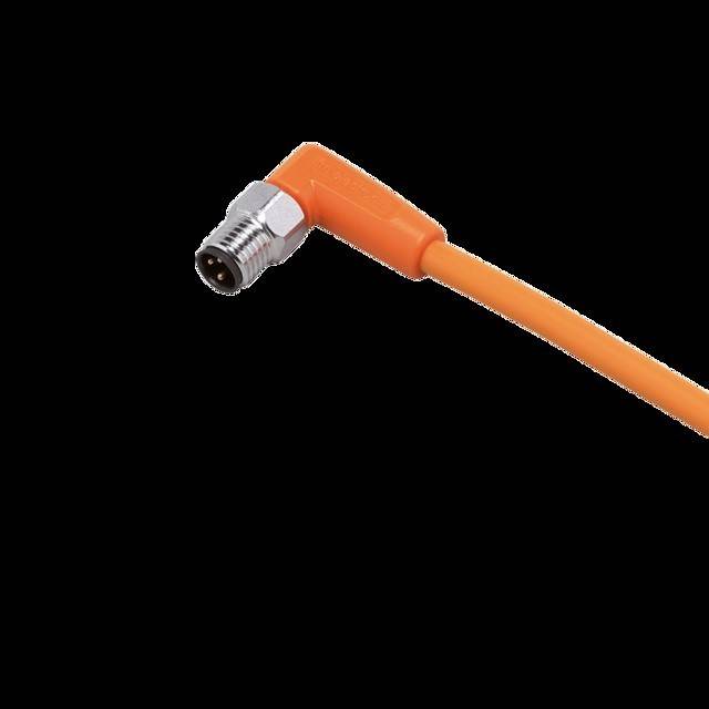 Ein orangefarbener Winkelstecker mit einem Metallgelenk, wahrscheinlich für Verdrahtungen oder Kabelverbindungen in elektronischen Geräten verwendet.